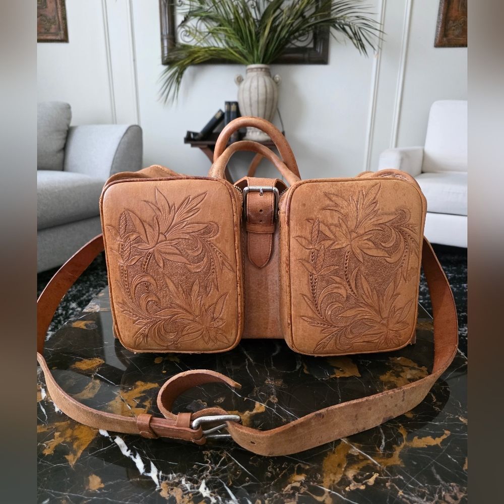 Tooled Leather Weekender Overnight Travel Handcrafted Structured Travel Bag Tan